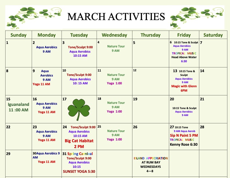March 2026 activities calendar for Palm Island Resort family-friendly beach vacation rentals